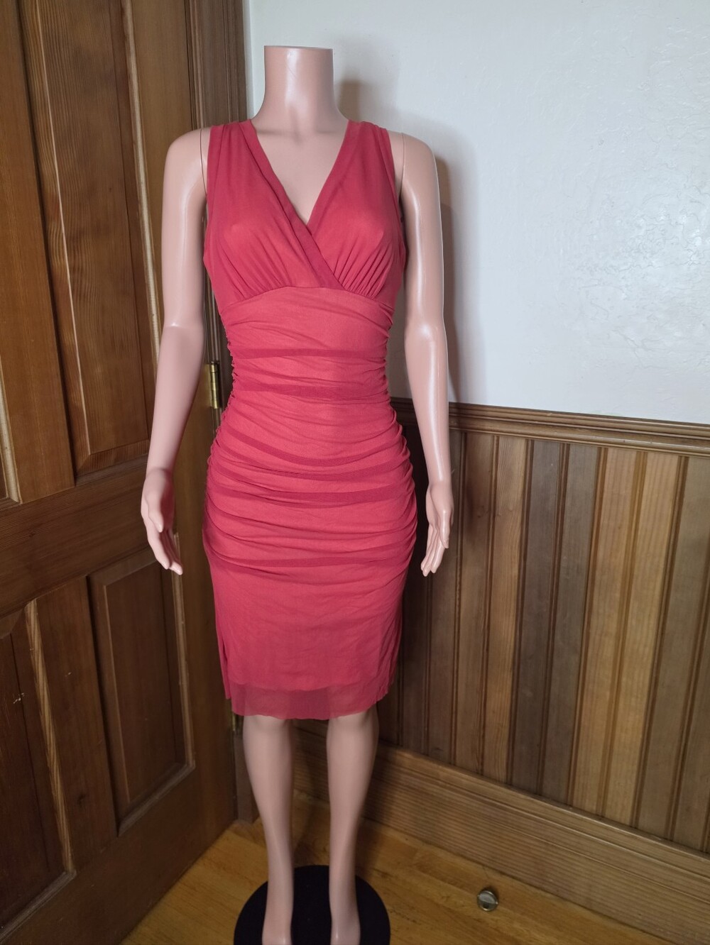 Elana Kattan Ruby Red Ruched V-Neck Dress Small